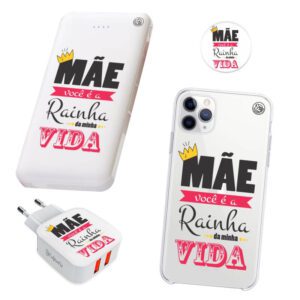 KIT Capinha de Celular+Carregador Portátil+Carregador de Parede+PopSocket Mãe Rainha da Minha Vida