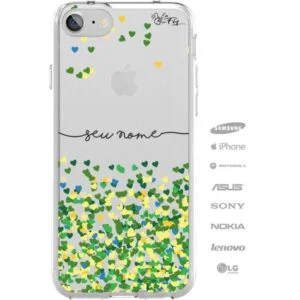 Capinha Personalizada Nome Letra cursiva e corações verde e amarelo