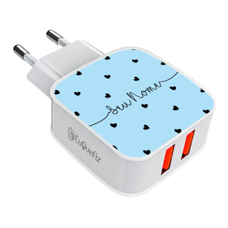 Carregador Turbo Duplo Usb Black Hearts Blue