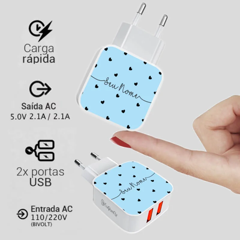 Carregador Turbo Duplo Usb Black Hearts Blue