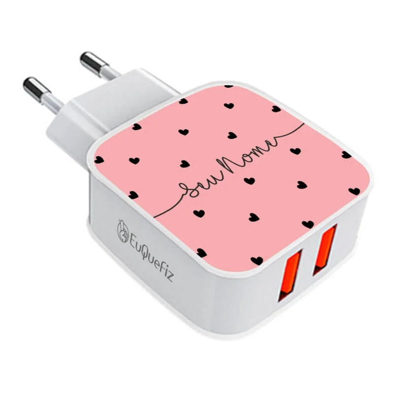 Carregador Turbo Duplo Usb Black Hearts Pink