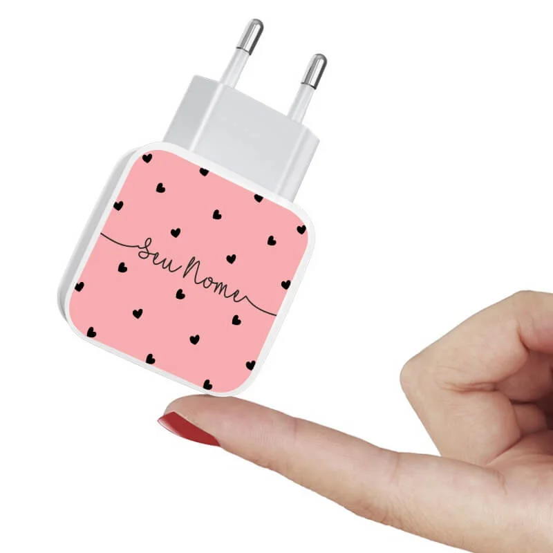 Carregador Turbo Duplo Usb Black Hearts Pink