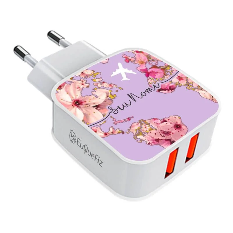 Carregador Turbo Duplo Usb Mapa Mundi Flowers