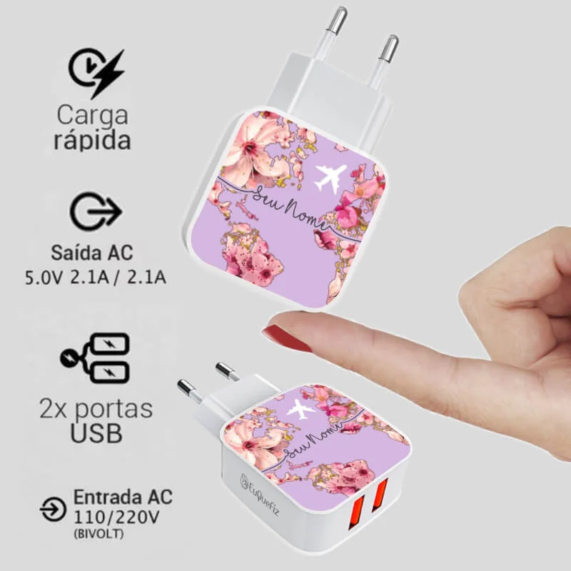 Carregador Turbo Duplo Usb Mapa Mundi Flowers
