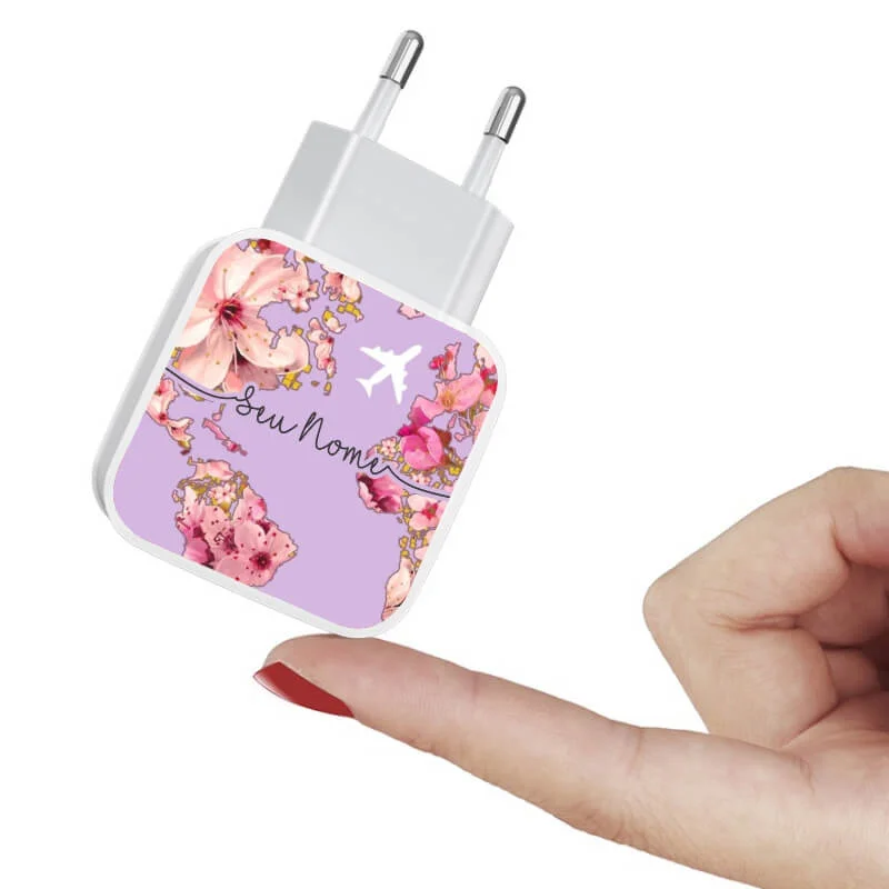 Carregador Turbo Duplo Usb Mapa Mundi Flowers