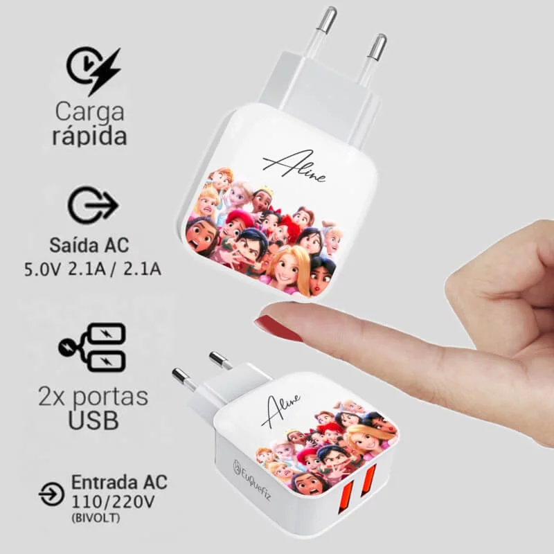 Carregador Turbo Duplo Personalizado Selfie das Princesas