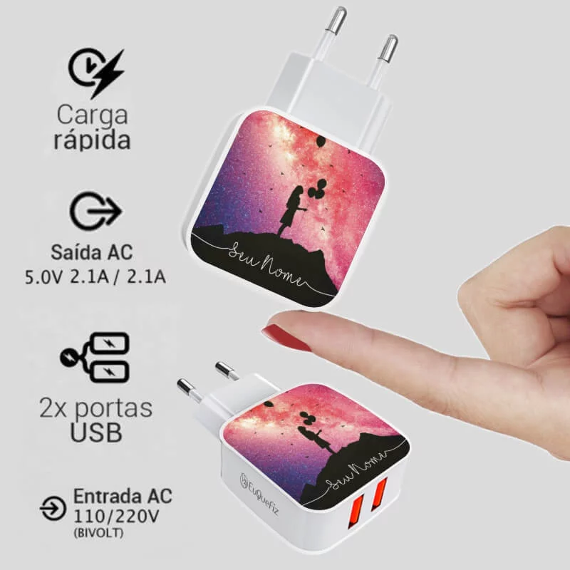 Carregador Turbo Duplo Personalizado - Galáxia Balões com Nome