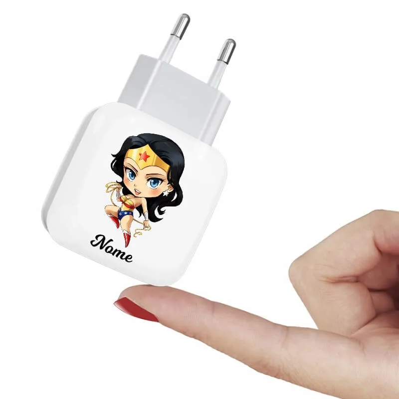 KIT Capinha de Celular+Carregador Portátil+Carregador de Parede+PopSocket Mulher Maravilha