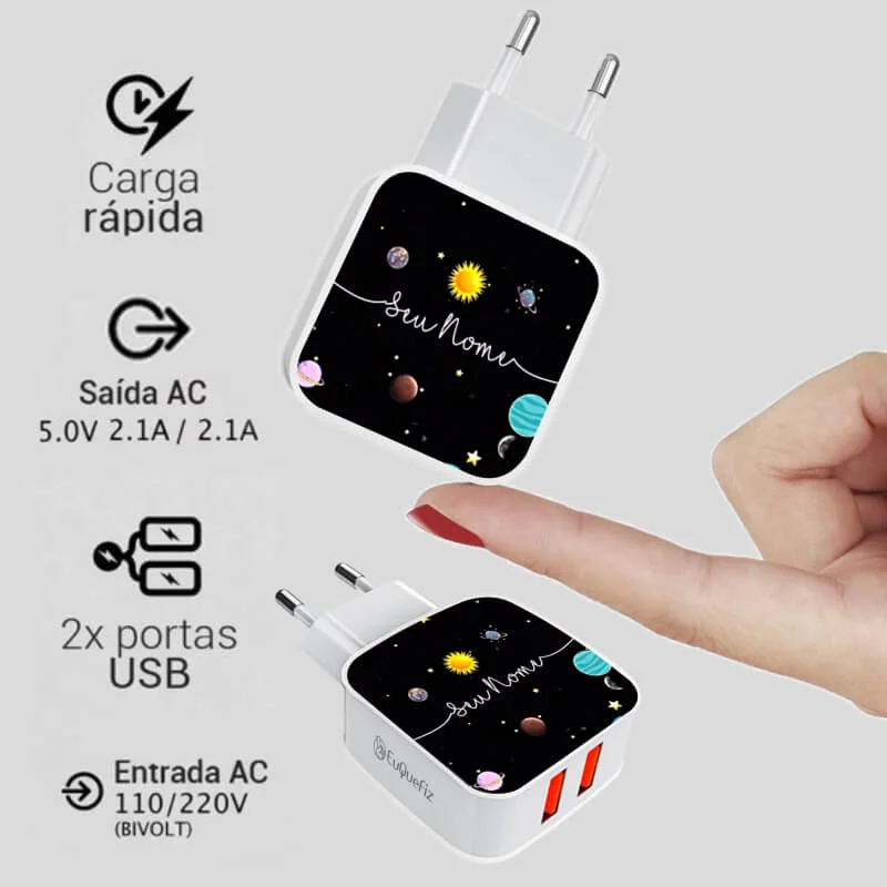 Carregador Turbo Duplo Personalizado - Planetinhas com Nome