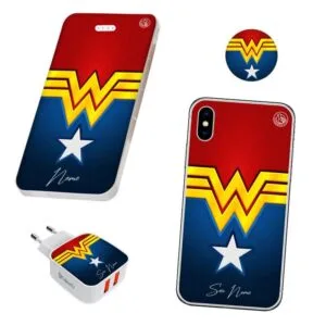 KIT Capinha de Celular+Carregador Portátil+Carregador de Parede+PopSocket Mulher Maravilha II