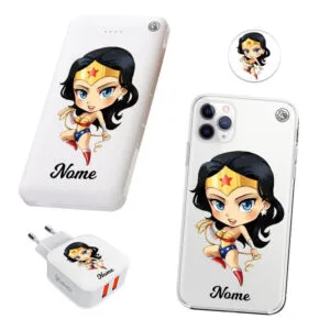 KIT Capinha de Celular+Carregador Portátil+Carregador de Parede+PopSocket Mulher Maravilha