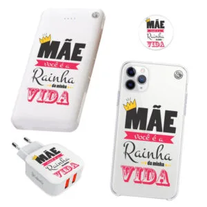 KIT Capinha de Celular+Carregador Portátil+Carregador de Parede+PopSocket Mãe Rainha da Minha Vida