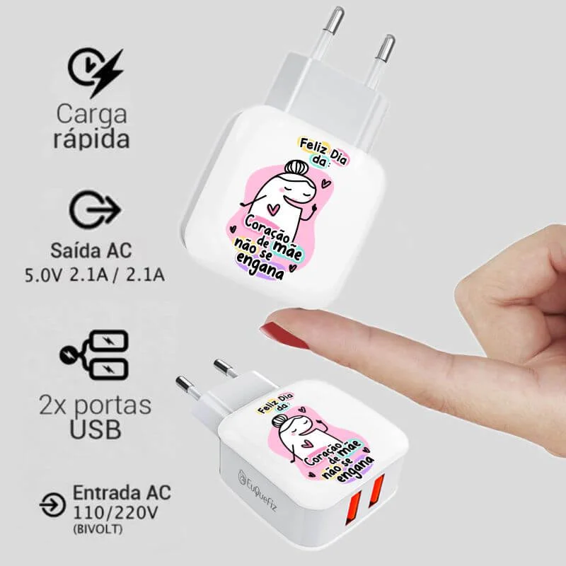 Carregador Turbo Duplo Flork Mãe - Coração de mãe não se engana