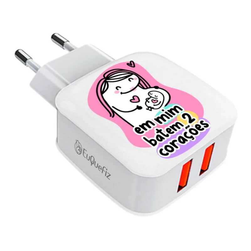 Carregador Turbo Duplo Flork Mãe - Em mim batem dois corações