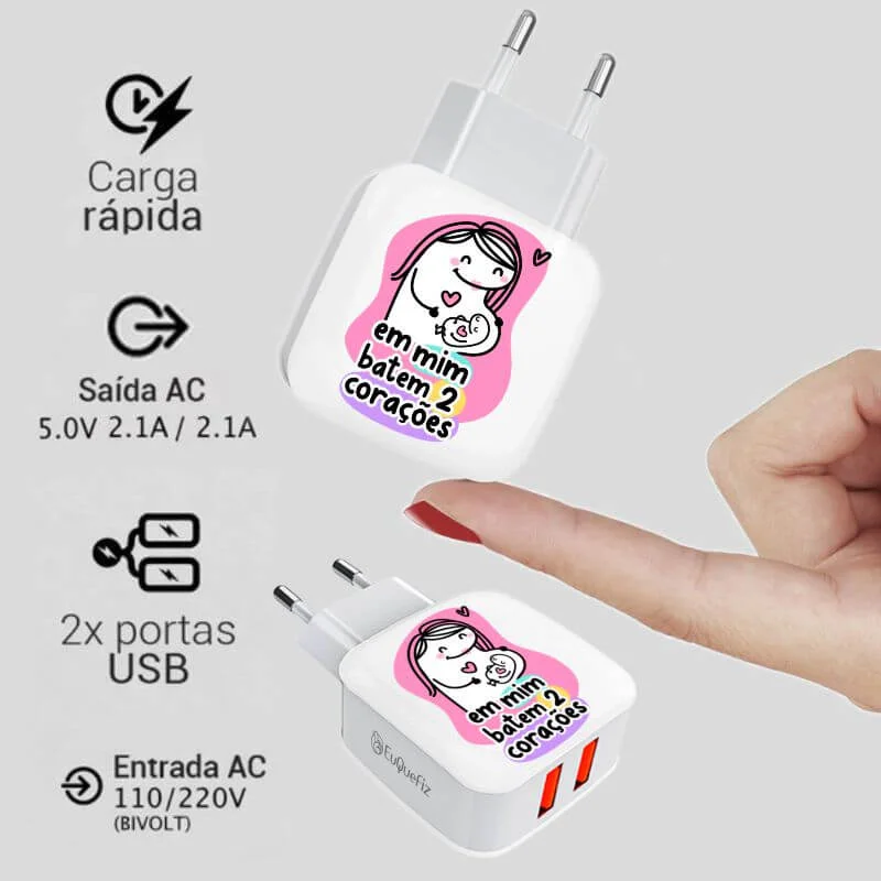 Carregador Turbo Duplo Flork Mãe - Em mim batem dois corações